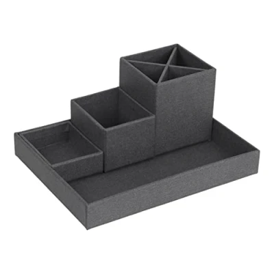 Afbeelding van BIGSO BOX OF SWEDEN Bureau organizer voor pennen, paperclips, plaknotities enz. sorteerdoos met 4 vakken opbergsysteem van vezelplaat en papier in linnenlook zwart