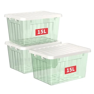 Afbeelding van Cetomo 15L* 3 Plastic Opbergdoos, Clear Green, Tote box, Organiserende Container met Duurzaam Deksel en Veilige Sluitsluitsluitsluitingen, Stapelbaar Nestable, 3Pack, Gesp