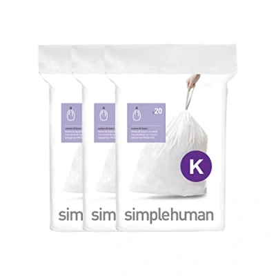 Afbeelding van simplehuman CW0260 code K maatwerk afvalzakken, vuilniszakken, 30 45 liter, 3 x pak van 20 (60 afvalzakken), wit plastic