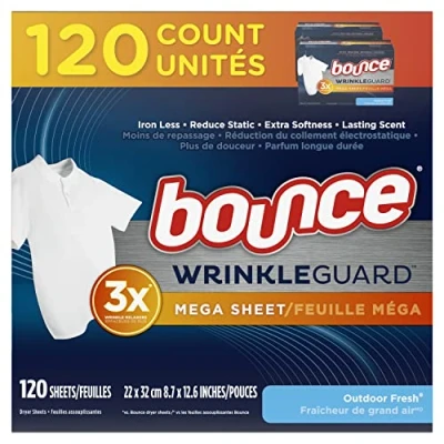 Afbeelding van Bounce WrinkleGuard Mega droogbladen, wasverzachter en rimpellosbladeren, frisse geur voor buiten, 120 stuks (2 stuks, elk 60 stuks)