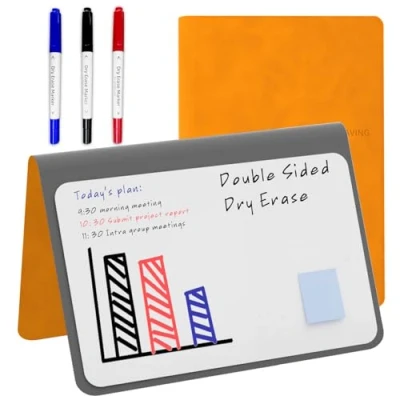Afbeelding van NEWYES Mini whiteboard A5, afwasbaar memobord, draagbaar met 3 kleurstiften, geschikt voor het vasthouden van vergadernotities, boodschappenlijstjes, huishoudplan en to do lijsten, oranje