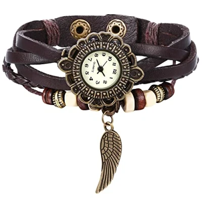 Afbeelding van JewelryWe Vrouwen Quartz Armband Horloge Mode Weave Wrap Rond Lederen Polshorloge Klassieke Horloge, voor Xmas, Veer Bruin, riem