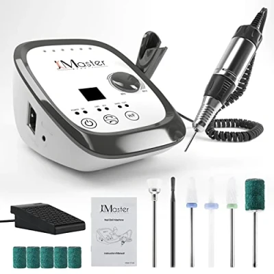 Afbeelding van JCMaster Electric Nail File, Nagelfrees, freesnagels max. 35.000 omw/min, elektrische nagelvijl met voetpedaal voor gelnagels, acrylnagels, nagelfrees nagelstudio thuis, incl. 6 bits