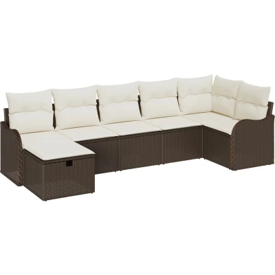 Afbeelding van vidaXL 7 delige tuinset met kussens bruin poly riet