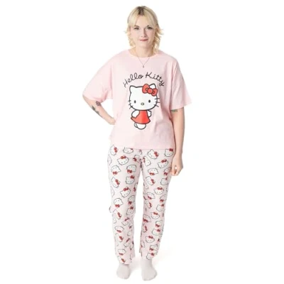 Afbeelding van Hello Kitty damespyjamaset witte top met korte mouwen en pyjamabroek lange pijpen voor volwassenen in roze Dames schattig katje karakter all over print nachtkleding