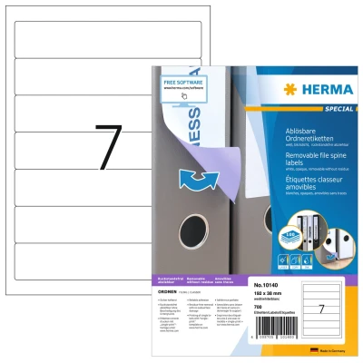 Afbeelding van HERMA 10140 A4 afneembaar, cort/smal (192 x 38 mm, 100 vellen, papier, mat) zelfklevend, bedrukbaar, verwijderbaar en opnieuw klevende mapetikettes, 700 etiketten voor printer, wit