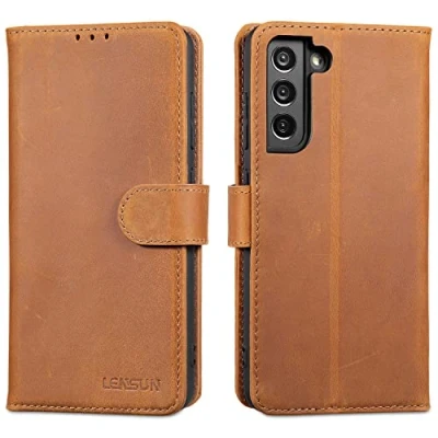 Afbeelding van LENSUN echt leren hoes voor Samsung Galaxy S21 FE 5G, telefoonhoes van leer met vak pasjes, RFID bescherming, vintage bruin