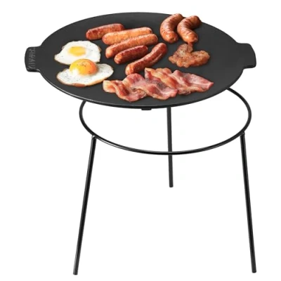 Afbeelding van Navaris Gietijzeren grillplaat 34 cm diameter Met afneembare poten Ook een BBQ pan Grill plaat Bakplaat Zwart
