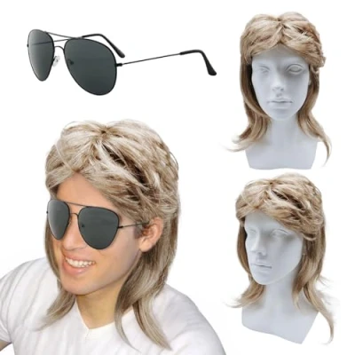 Afbeelding van XNIVUIS vokuhila pruik voor heren, blonde jaren 80, lange synthetische pruik, cosplay, Halloween, kostuumfeest, 70, kostuum, Halloween (2 stuks)