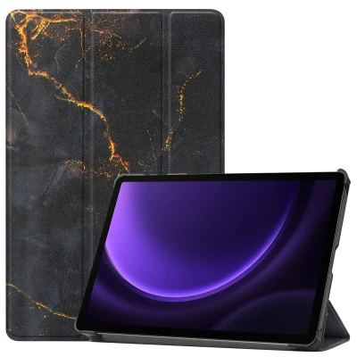Afbeelding van Samsung Galaxy Tab S9 FE Hoes: iMoshion Design Trifold Bookcase Black Marble Kunstleder Tablet Hoezen