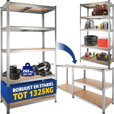 Afbeelding van tectake® werkplaatsrek met 5 MDF planken opbergkast kelderkast stellingkast garagekast voor zware lasten 1325kg