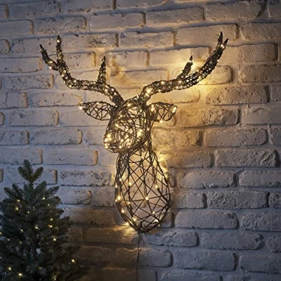 Afbeelding van Lights4fun 3 in 1 Harlow LED rotan rendierkop hertengewei timer kerstverlichting buiten en binnen kerstfiguur
