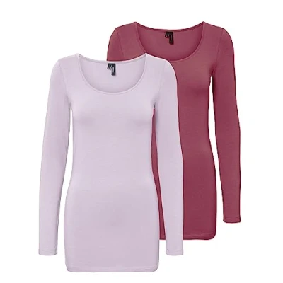 Afbeelding van VERO MODA Damesblouse met lange mouwen, verpakking van 2 stuks, roze/paars (1 x Hawthorn Rose/1x Lavender Fog), XL