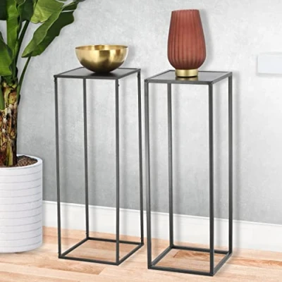 Afbeelding van Spetebo Metalen bijzettafel, set van 2, antraciet, 70 cm, metaal met MDF plaat, bloemenkruk, standaard, etagère, plantenpothouder