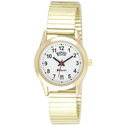 Afbeelding van Ravel Dameshorloge roestvrij staal met weergave van dag/datum goud uitbreidbare armband r0706.19.2ex