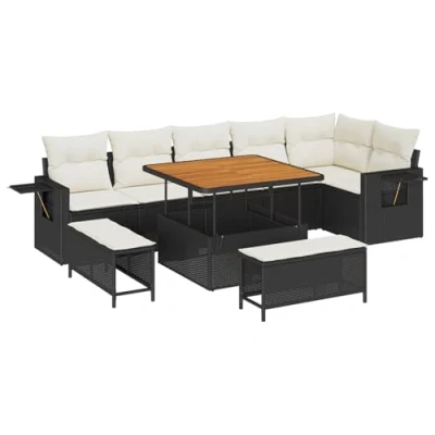 Afbeelding van vidaXL 9 delige Tuin Sofa Set met Kussens Zwart Poly Rattan Acacia, 3 Eetset Acacia