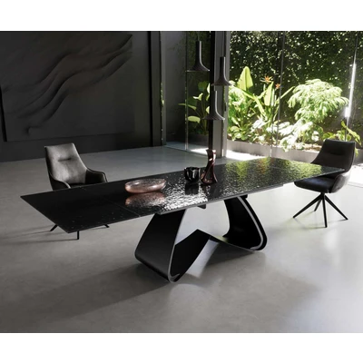 Afbeelding van Eetkamertafel Edge Glas smelten rokerig zwart 3D Relief 200 300x100 W frame uitschuifbaar