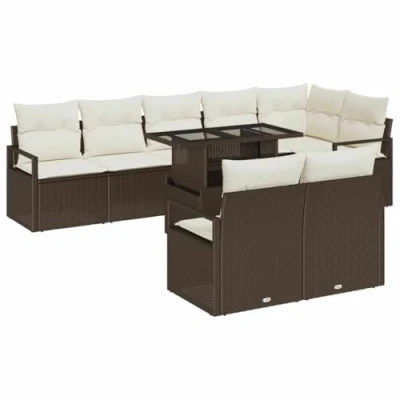 Afbeelding van vidaXL 9 delig Tuin Sofa Set met Kussens Bruin Poly Rattan