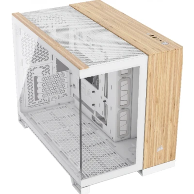 Afbeelding van CORSAIR 2500X Small Tower MATX Dual Chamber PC behuizing Panoramisch gehard glas compatibel met omgekeerde aansluiting moederbord geen ventilatoren inbegrepen wit/bamboehout