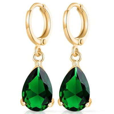 Afbeelding van Crystalline Azuria Traans Bruiloft Bengelen Oorbellen met Groene Gesimuleerde Smaragd Zirkonia Kristallen 18 kt Verguld voor Vrouwen