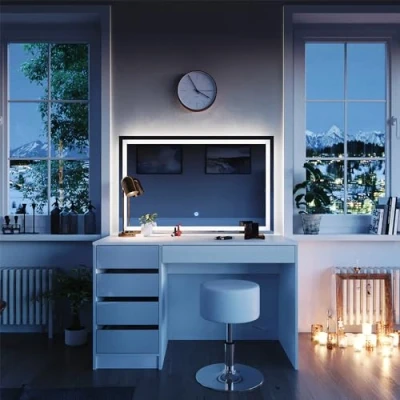 Afbeelding van Vicco Make uptafel set met kruk &quot;Sherry&quot;, Wit Hoogglans, 120 cm LED spiegel en krukje