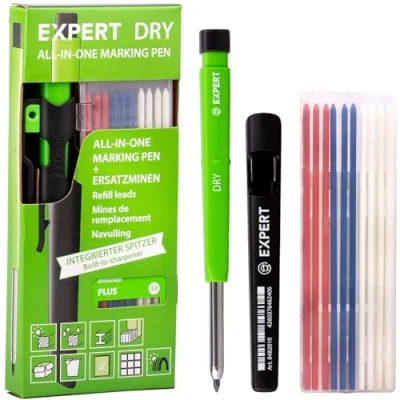 Afbeelding van EXPERT Dry All in One Markeerstift, incl. 11 vullingen, navulbare markeerstift met plus stiftset, veelzijdig op hout, glas, metaal, timmermanspotlood geïntegreerde puntenslijper, automatische