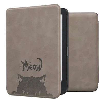 Afbeelding van kwmobile e reader hoesje geschikt voor Kobo Clara BW / Colour hoes Ereader flip case met standaard Kunstleren cover Kat Meow design in grijs zwart