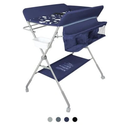 Afbeelding van Baby luiertafel, mobiele commode, verstelbare hoogte draagbare pasgeboren verschoontafel met wielen, opvouwbare luier verzorgingstafel veiligheidsgordel 80 * 58 90 cm marineblauw