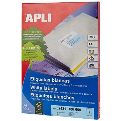Afbeelding van Apli Witte etiketten ft 99,1 x 93,1 mm (b h), 600 stuks, 6 per blad
