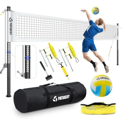 Afbeelding van Patiassy Draagbare professionele outdoor volleybalnetset met verstelbare hoogte aluminium stangen, liersysteem, volleybal pomp en draagtas voor achtertuin strand (wit)