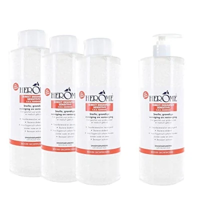 Afbeelding van Herome Direct Desinfect Sensitive (Parfumvrij) Literfles met Pomp + 3 navulverpakkingen Desinfecterende Handgel 80% Alcohol Beschermt Tegen Bacteriën en Droogt de Handen Niet Uit 4*1000ml.