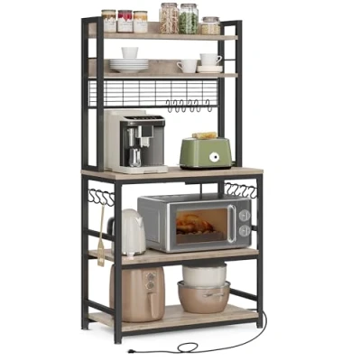 Afbeelding van Vasagle KKS025B02EU Keukenrek, staand rek met stopcontacten, magnetronrek, roosterplaat, 14 haken, 40 x 80 170 cm, greige zwart