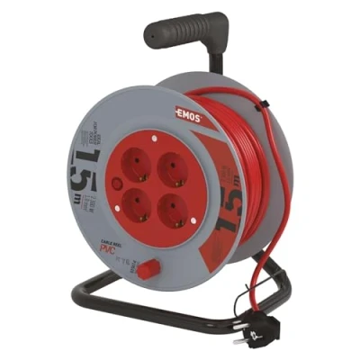 Afbeelding van EMOS Kabelhaspel 15 m 4 geaarde stopcontacten 230 V, 10 A, 2300 W hoogwaardige pvc isolatie H05VV F3G 1,0 mm2 oververhittingsbeveiliging, spoelrem IP20 voor binnen