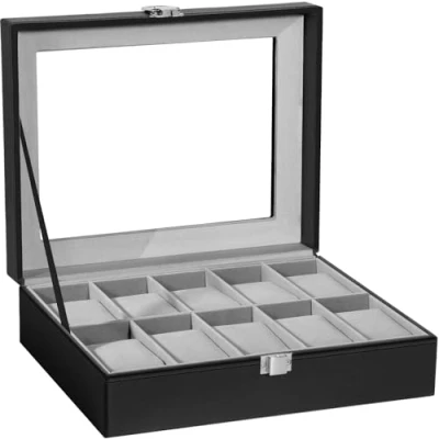 Afbeelding van Uten horlogebox met 10 vakken, voor mannen, horlogevitrine, afneembaar kussen, metalen sluiting, PU leer