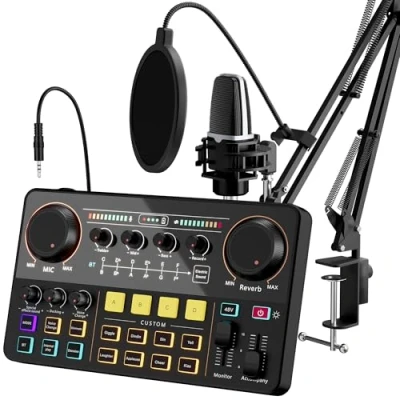 Afbeelding van SINWE Podcast apparatuurbundel, audio interface alles in één podcastproductiestudio met 3,5 mm microfoon, perfect voor livestreaming, gaming, zingen, YouTube