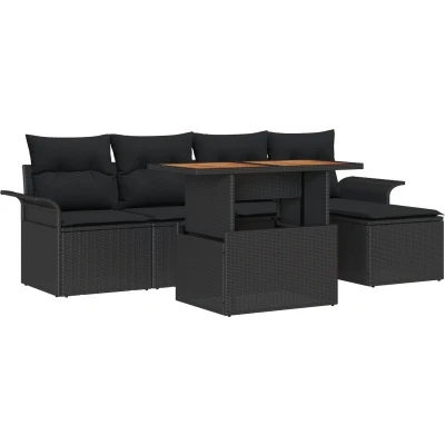 Afbeelding van vidaXL 6 delige Tuin Eetset met Kussens Zwart Poly Rattan Acacia
