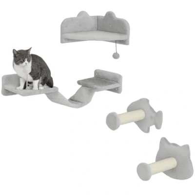 Afbeelding van PawHut Katzen Kletterwand Set, 4 teilig Katzenmöbel mit Stufen, Leiter, Sprungtürmen, Kratzbäumen, Spielball, Sisal, für bis 5 kg, Hellgrau