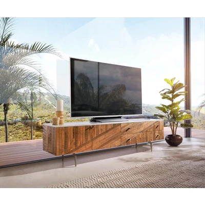 Afbeelding van TV meubel Bahan mango teak 175 cm 2 deuren schuifladen marmerblad wit