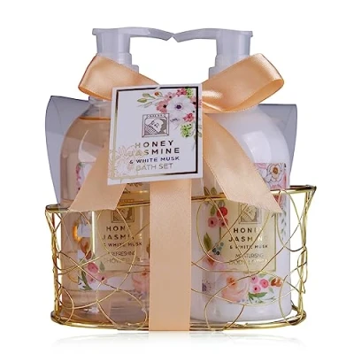 Afbeelding van Accentra doucheset dames cadeauset HONEY JASMINE in een mooie draadmand 2 delige verzorgingsset met douchegel en bodylotion wellness voor verjaardagen, Valentijnsdag &amp; Kerst