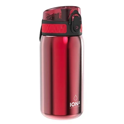 Afbeelding van Ion8 Roestvrijstalen Kinderwaterfles, 400 ml/13 oz, Lekvrij, Makkelijk te Openen, Veilige Vergrendeling, Vaatwasserbestendig, Flipdop, Draaggreep, Duurzaam, Metalen Drinkfles, Rood