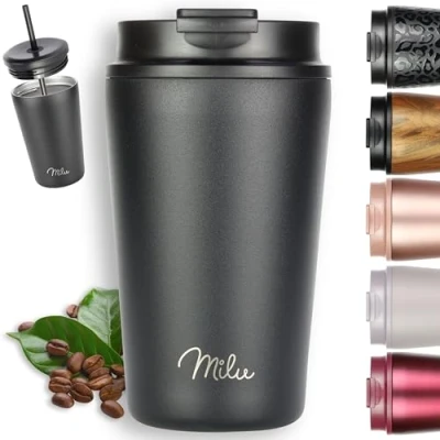 Afbeelding van Milu Thermo Koffiemok 300 ml, 400 500 reisbeker, BPA vrij, liter met isolatie, roestvrij staal en lekvrije sluiting voor koffie thee (zwart, ml)