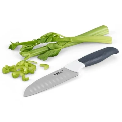 Afbeelding van Zyliss E920214 Comfort Mini Santokumes, 12cm, Japans Roestvrij Staal, Donkergrijs/Wit Handvat, Keukenmes, Vaatwasserbestendig, 5 Jaar Garantie