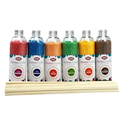 Afbeelding van Partyset 6 x 230 g suikerspin suiker AZO vrij voor suikerspinmachine incl. 100 suikerspinstaafjes (blauwe bessen/framboos/vanille/karamel/bosmeester/oranje)
