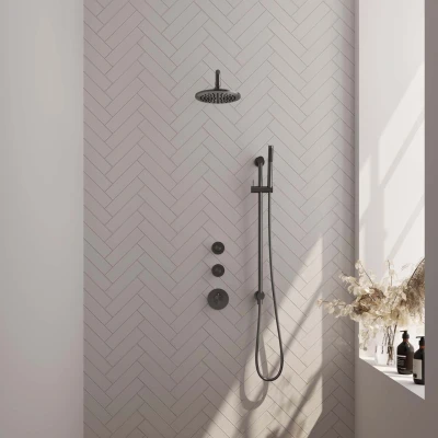 Afbeelding van BRAUER Gunmetal Edition thermostatische inbouw regendouche SET 15 met 20 cm douchekop en gebogen muurarm staaf handdouche doucheslang