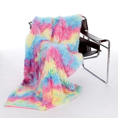 Afbeelding van Kanguru Bankdeken van fleece, regenboogkleuren, zacht en warm, bontlook, 130 x 170 cm, schattige sprei voor eenpersoonsbed, cadeau idee Kerstmis of verjaardag, kinderkamer