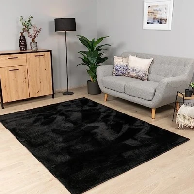 Afbeelding van Paco Home Vloerkleed Woonkamer Laagpolig Wasbaar In Wasmachine Eenkleurig Zacht, Maat:120x170 cm, Kleur:Zwart