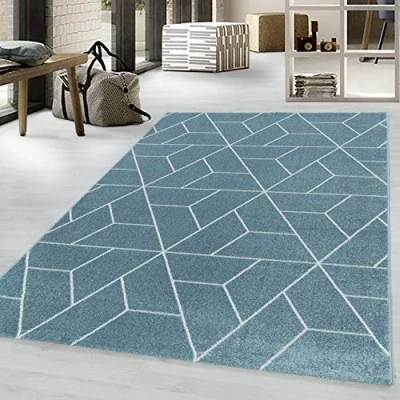 Afbeelding van Retro vloerkleed Stencil Triangle Blauw/Wit 140x200cm Adana Carpets