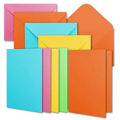 Afbeelding van 50 kaartensets inclusief enveloppen, blanco kaarten met geschenkdoos, kleurrijke kleurenmix, DIN A6 uitnodigingskaarten in 5 verschillende kleuren, 10,5 x 14,8 cm