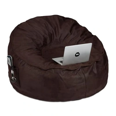Afbeelding van Relaxdays zitzak met leder look XXL loungestoel beanbag rond Ø 110 cm bruin