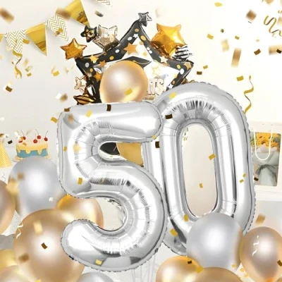 Afbeelding van 50 Verjaardag Decoratie nummers Ballon jaar Folieballon Sliber voor 50e Verjaardagsdecoratie Mannen Vrouwen Nummer Vliegt met Helium Verjaardagsfeest